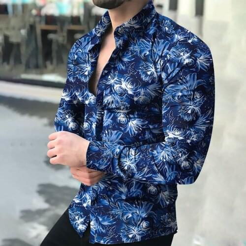 Fashion Mens Casual Floral Printed Long Sleeve Button Slim Fit Shirt Top Hawaiian Vacation Party Blouse Camisa Masculina#g3