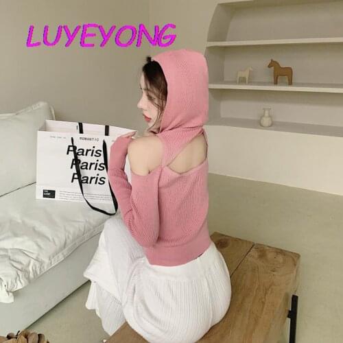 Korean Fashion Clothes Autumn Girl Hollow Out Off Shoulder Slim Sexy Crop Top Pink White Lady Sweet Hooded Knit Short Sweater