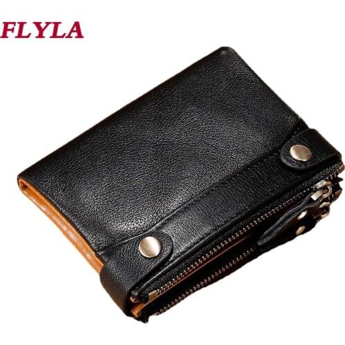 RFID Oil Wax Leather Wallet Mens First Layer Genuine Leather Double Buckle Zipper Wallet Casual Retro Coin Purse
