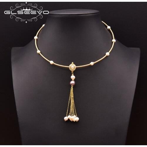 GLSEEVO Natural Freshwater Pink Baroque Pearl Necklace on Neck Woman Handmade Tassel Pendant Style Vintage Jewelry GN0274