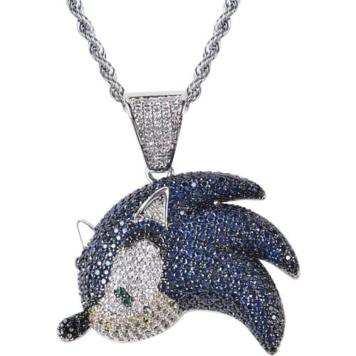 New Iced Out Blue Cubic Zircon Hedgehog Pendant Bling Crystal Hip Hop Jewelry Cartoon Figure Necklace For Game Boy