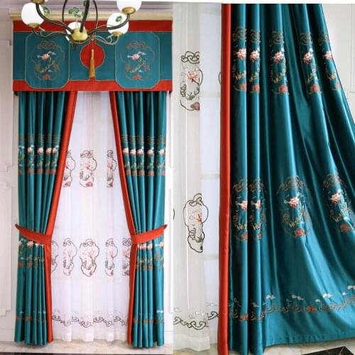 Chinese embroidered curtain living room bedroom imitation silk satin light luxury shading embroidered curtain window curtain
