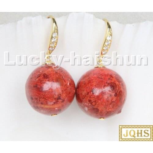 Natural Dangle 18mm round red sponge coral beads Earrings 925s silver hook c219