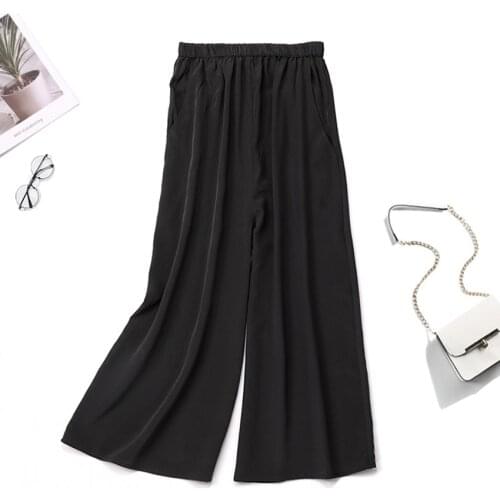 Womens 100% Pure Silk BLACK Elastic Waist Wide Leg Cropped Pants Trousers JN438