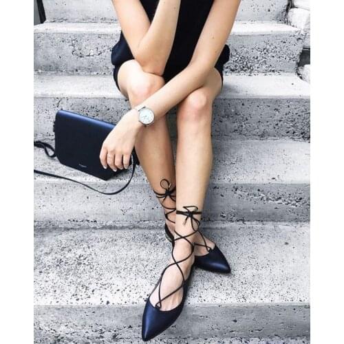 2018 Spring Fashion Ankle Bandage Female Flats Sexy Point Toe Ladies Elegant Dress Shoes Women Lace Up Flats Concise Style