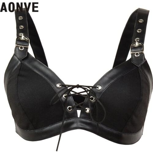 Aonve Steampunk Corset Bra Women Punk Goth Accessories Sexy Gothic Bustier Top Femme Black Cotton And Fuax Leather Bralette