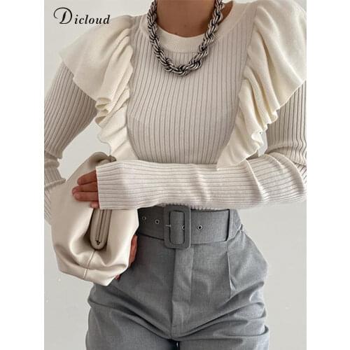 DICLOUD Ruffle Knitted White Jumper Women Fashion Autumn Winter 2021 Stretchy Solid Ribbed Sweaters Ladies Slim Street Pullover