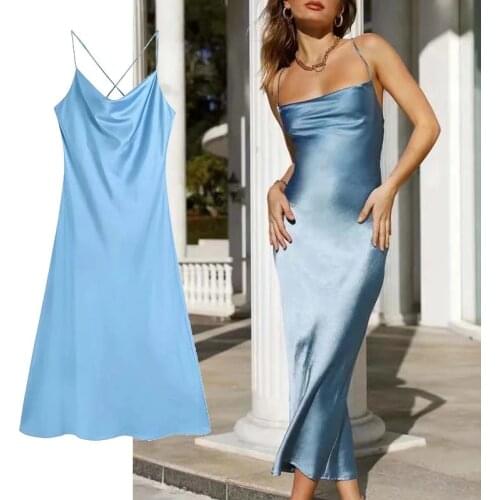 Платье Summer Dress Za Woman 2021 y2k Blue Satin Long Dress Women Camisole Backless Party Dresses Back Cross Straps Sexy Dresses
