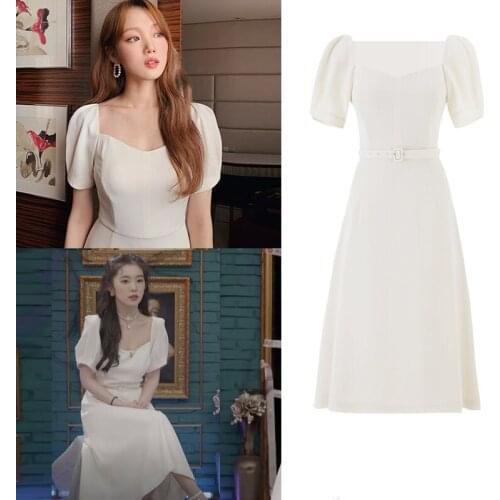 Kpop IU Lee Ji Eun Summer New Party Temperament Sexy White Dress Women Streetwear Elegant Fashion Puff Sleeve Slim Long Dresses