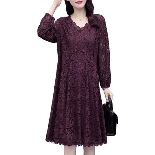 2021 Spring Summer Plus Size Lace Dress Women Korean V-Neck Long Sleeve Mid-Length Fashion Loose Dresses Ladies Vestidos G962