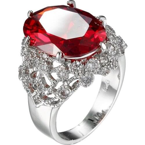 New Red Created Rubies Solitaire Engagement Ring For Women Genuine Sterling Jewelry Fine Crystal Ring for Women Wedding