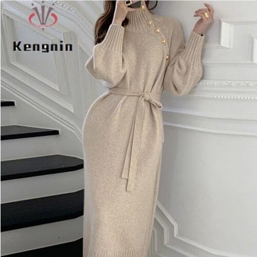 2021 Autumn Winter Women Sweater Dresses Frebch Style Match Coats Inside Knitted Ladies Vestidos Sashes Bow Button Design KE1867
