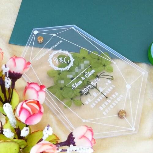 2021 Transparent Custom White Printing Transparent Acrylic Card European Style Wedding Invitation Card Flower Diy