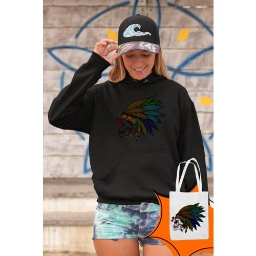 Angemiel Wear Feather Indian Skull And Crossbones Black Women Hooded Sweatshirt Bags Kombin