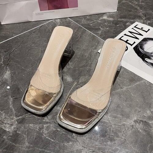 Women Spring And Summer Fashion Transparent Thick Heel Sandals Crystal High Heel Shoes Fairy Style One Word With Cool Slippers