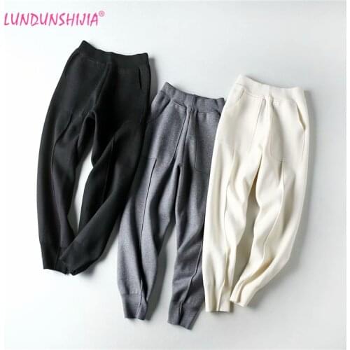 LUNDUNSHIJIA 2020 New Spring Autumn Women Knitting Harem Pants Fashion High Quality White Black Gray Trousers For Women
