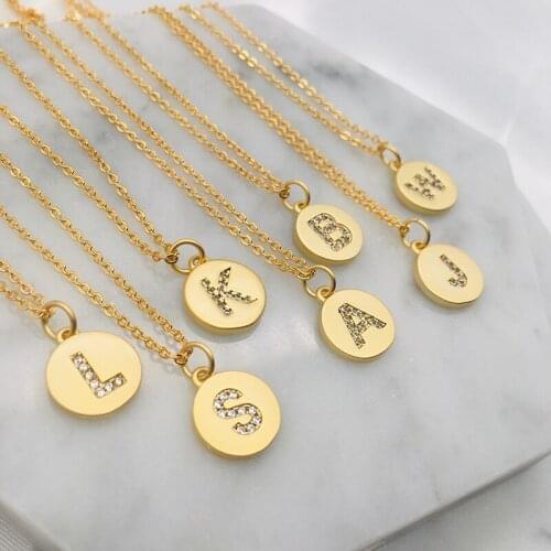 26 Alphabet Disc Initial Letter Chain Necklace Brass Dainty Chain Zircon Copper Letter Stamped Name Necklace High Quality Gift