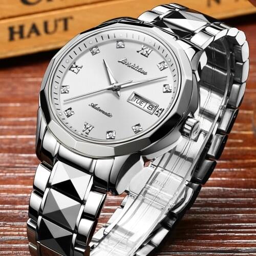 JSDUN Mens Top Brand Mechanical Stainless Steel White Dial Simple Japanese Mechanical Automatic Movement Business Watch 8813