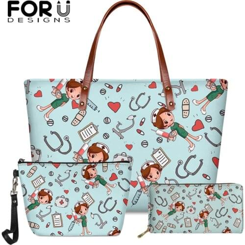 FORUDESIGNS 2021 Stylish Cartoon Nurse Print Luxury Designer Handbag Large Capacity Shoulder Bags Purse Cosmetic Set Womens Bag