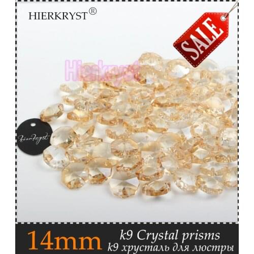 HIERKRYST 100 pcs 14 mm Octagon Beads Crystal Glass Chandelier Parts Rainbows Maker Prisms Pendants Connectors Champagne #13