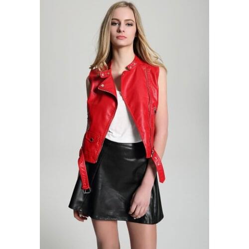 FMFSSOM 2021 Autumn Faux Leather Jacket Casual Red Vest Fashion Sleeveless Women Coat Streetwear Moto Biker Zipper Outwear