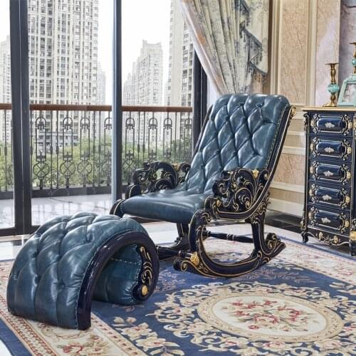 European-style Leather All Solid Wood Rocking Chair Reclining Chair Balcony Bedroom Adult Easy Chair Sofa Leisure Home