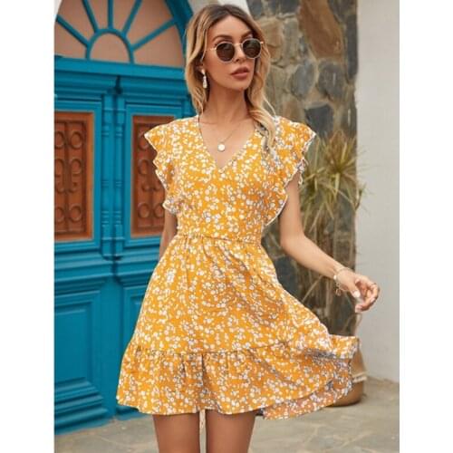 Summer Women Boho Dress Adults Femal Floral Print V-neck Ruffle Sleeve Dresses Womens Clothing
