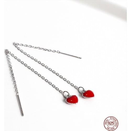 LKO 925 Sterling Silver Red Heart Ear Line Korean Drop Earrings Long Simple Heart-Shaped Earrings For Women Jewelry Ornaments