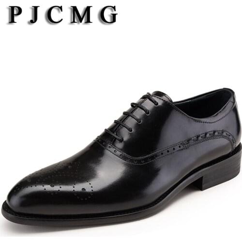 PJCMG Spring/Autumn Genuine Leather Oxford Carved Lace-Up Business Pointed Toe High Quality Men Dress Flats Men Shoes
