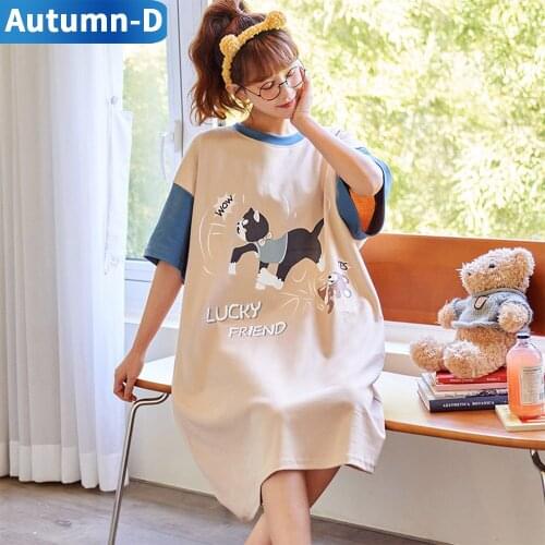 Autumn-D Women Nightdress Summer 2021 Cotton Cartoon Animal Half Sleeve Sleepwear Cute Free Shipping Pajama Dress Teen Girl