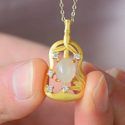 Natural Green Hetian Jade Bamboo Pendant Necklace 925 Silver Fashion Jewelry Chalcedony Amulet Gifts for Women