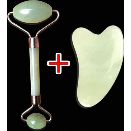 Face Roller Scraping Tool Set Natural Green Jade Roller Massage Slimming Anti Wrinkle Cellulite Crystal Gua Sha Stone Gift free