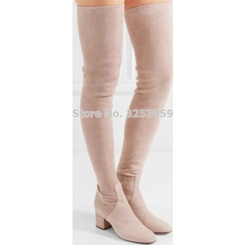 ALMUDENA Women Sexy Thick Heel Elastic Suede Thigh High Boots Slim Boots Gladiator Long Boots Chunky Heels Dress Shoes Dropship