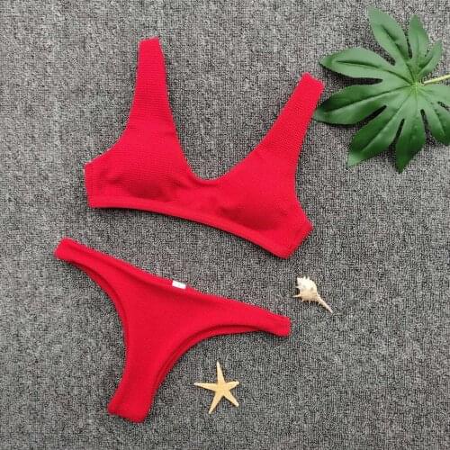 Sexy Bikinis 2021 Mujer Brazilian Bikini Push Up Padded Thong Swimsuit Solid Red High Cut Bathing Suit Micro Swimwear Biquini