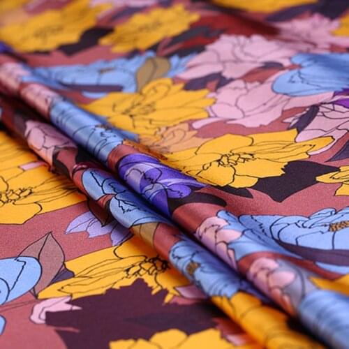 1 Meter Bright Flower Printed Silk Stretch Satin Fabric Summer Dress Shirt Cloth Sewing Material