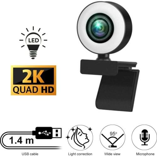 Web Camera 2K Cam With USB Connector, LED Light, Microphone for Skype, MS Teams, Zoom, Home Office, Video Chat, Conference