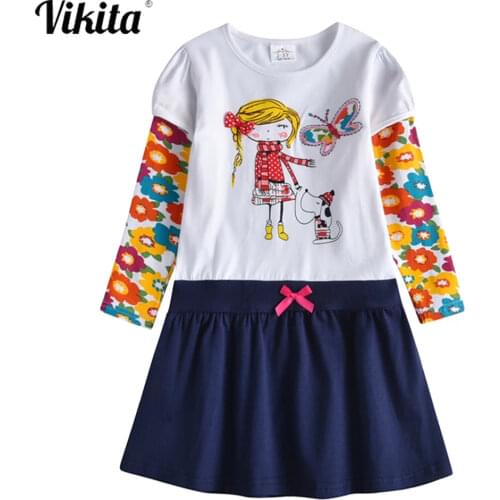 VIKITA Girl Clothing Cotton Dress Children Cartoon Clothes Floral Dresses for Girls Toddlers Children Embroidery Dress for 3-12y