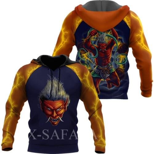Japan Mythology Raijin Tattoo Samurai Masks 3D Print Size Hoodie Man Women Harajuku Outwear Zipper Pullover Sweatshirt Unisex-1