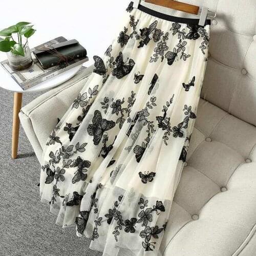 2021 Spring And Summer Women Spring Summer Butterfly Printing Elastic High Waist Casual Office WomenS Long Mesh Skirt Pleated