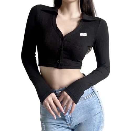 Ladies Sexy Knitted Midriff-baring Tops Leisure Style Solid Color V-neck Single-breasted Long Sleeve T-shirt Slim Base Shirt