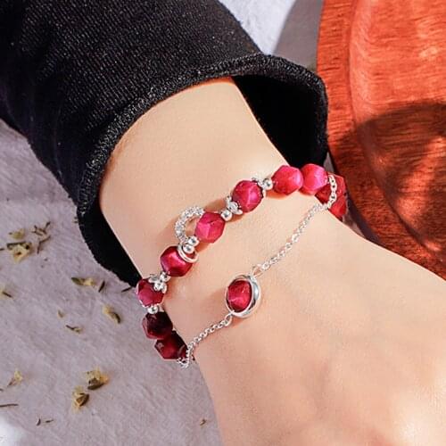 Rose Red Tigers Eye Crystal Women Bracelets On Hand Chain Bangles Jewelry Aesthetic Fashion Female Popular Now New 2021 Vintage
