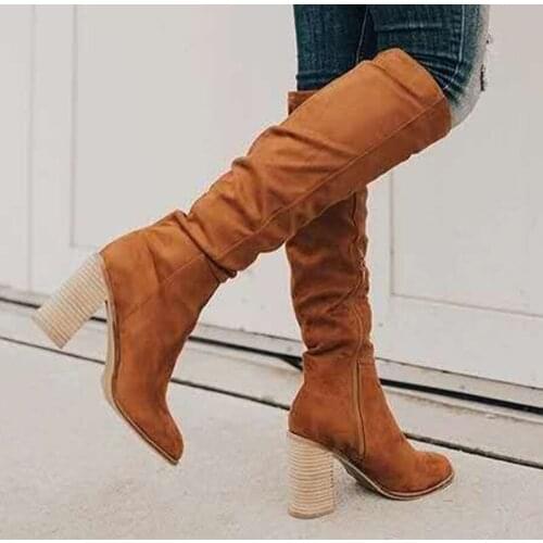 Winter Women Boots Knee High Heel Boot Block Heels Solid Plus Size Ladies Shoes Fashion Flock Zipper Comfortable Women Footwear