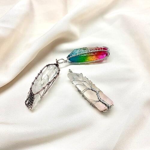 Pomlee 1Pcs Natural Stone Pendant Crystal Quartz Amethyst Tiger Eye Opal Tree of Life Shape Jewelry Accessories Gift Wholesale