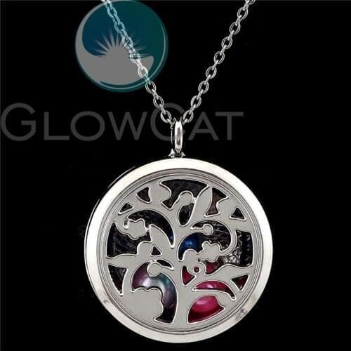 30mm Flower Tree Locket Steel Chains Essential Oil Aromatherapy Diffuser Perfume Locket Pendant Necklace R-K1202