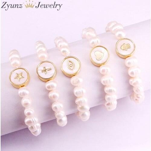 5 Strands, Trendy Female Freshwater Pearl with Nature Shell Eye Star Cross Charms Spacer Bead Bracelet For Women Fashion Gift