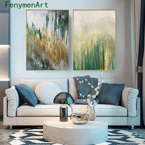 Abstract Green Yellow Paint Canvas Painting Gold leaf Posters Prints Modern Wall Art Nordic Pictures for Living Room Home Decor