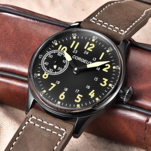Corgeut 44mm Mens Watch Leather Straps Luxury Brand Luminous Waterproof Mechanical Hand Winding Watch Wrist Man Gifts for Men