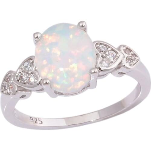 CiNily White Fire Opal Large Round Stone Rings Silver Plated CZ Crystal Heart Love Finger Ring Party Wedding Engagement Jewelry