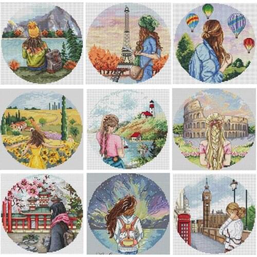 Girly travel patterns counted 11CT 14CT 18CT DIY Cross Stitch Sets wholesale Cross-stitch Kits Embroidery Needlework