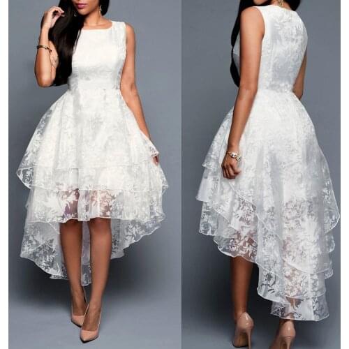 Elegant Women Sleeveless O Neck Lace Irregular Hem 3 Layers Cocktail Party Dress Women Sexy Floral Lace Three Layer Slim Waist